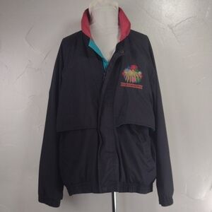 Worn Vintage Winner Mate Black Jacket with Embroidered Fireworks Design L